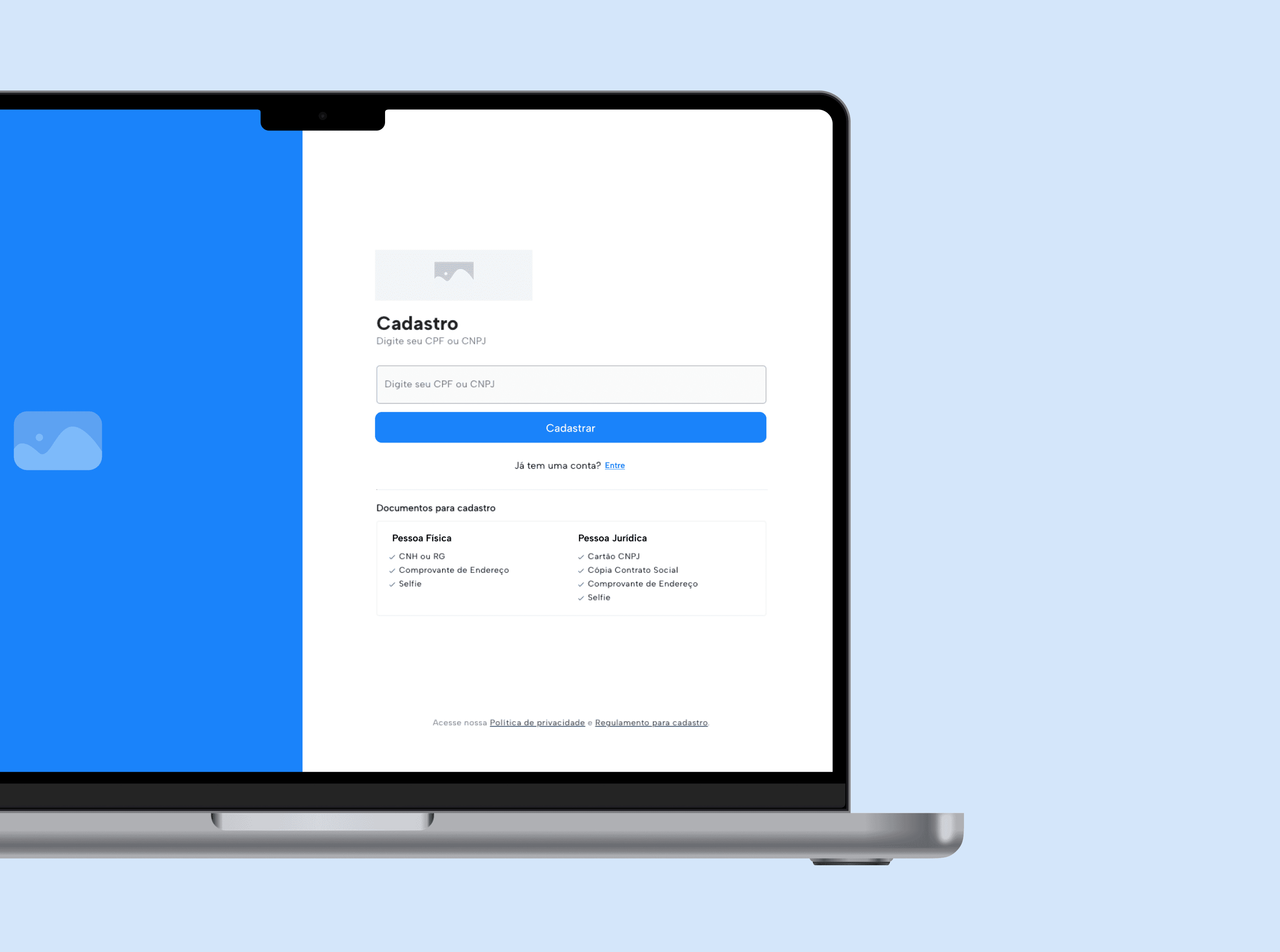 Mockup do módulo de cadastro em site de leilões